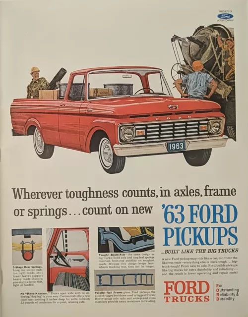 1963 Red Ford Pickup Truck Print Ad, Blue Collar Job Ford Tough On The Job