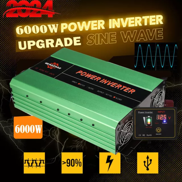 6000W Pure Sine Wave Power Inverter DC 12V to AC 240V Converter With LCD Display