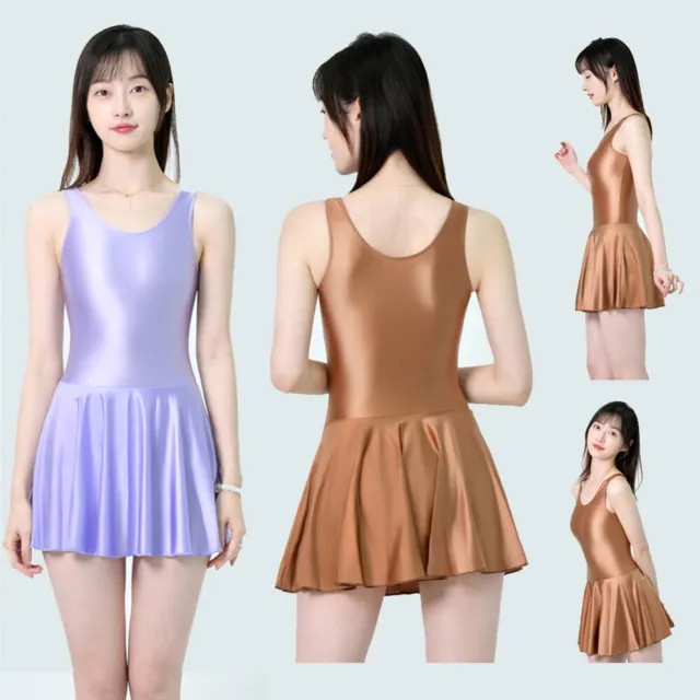 Ladies Glossy Silky One-piece Tank Dress Dance Yoga Tight Ballet Skirt Vest Top