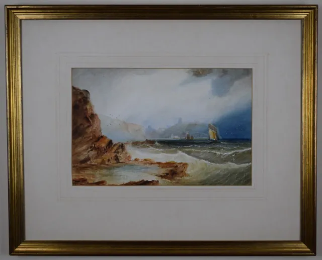 Boats off Scarborough. Watercolour by listed artist Henry Barlow Carter, c1850