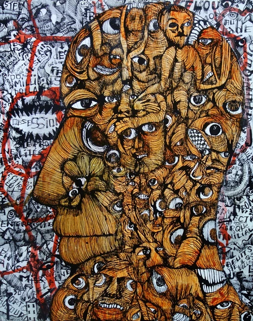 Œuvre Originale Jean-Pierre Vanhonsebrouk - Art Brut Outsider Sur Papier, 50x65cm, 1990 Signé