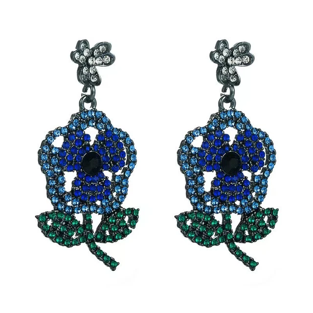 Betsey Johnson Blue/Green Crystal Rhinestone Cute Flower Dangle Earrings Gift