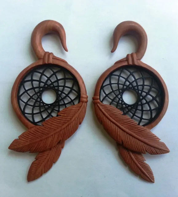 Pair Tribal Dream Catcher Resin Saba Wood Ear Spiral Hanger Expander Plug Gauges
