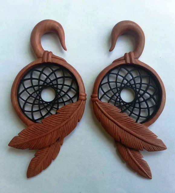 Pair Tribal Dream Catcher Resin Saba Wood Ear Spiral Hanger Expander Plug Gauges