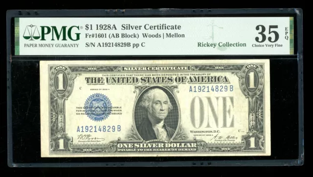 DBR 1928-A $1 Silver Funnyback Fr. 1601 AB Block PMG 35 EPQ Serial A19214829B