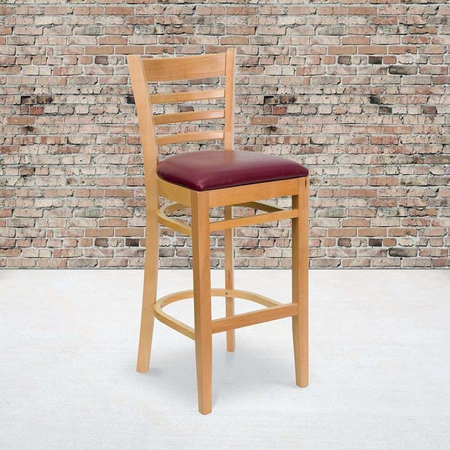 Hercules Series Ladder Back Natural Wood Restaurant Barstool - Burgundy Vinyl