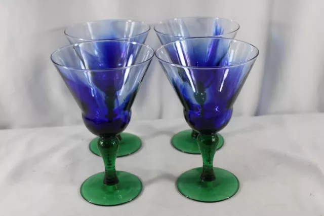 Gorgeous Set 4 Libbey Martini Art Glass Cobalt BLue Green Textured Stem
