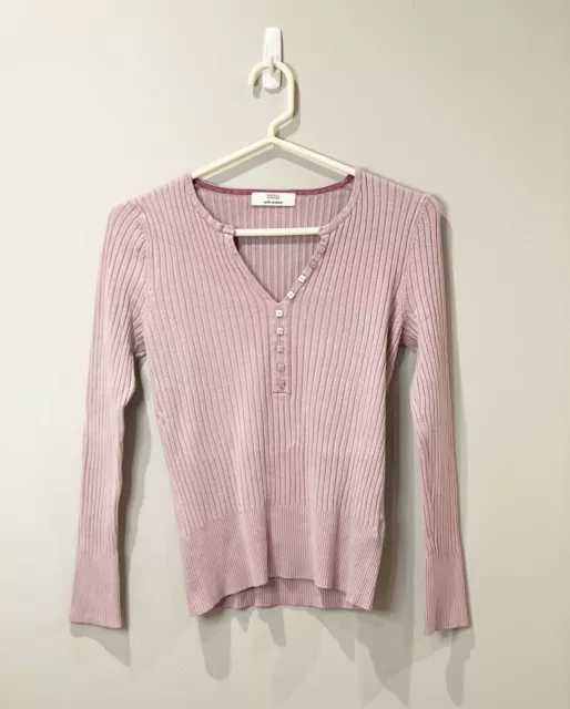MARKS AND SPENCER'S women's ribbed Henley knit top 3/4 sleeve pink with ...