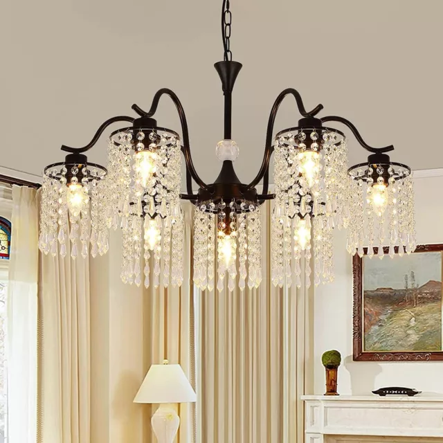 7 Lights Crystal Chandelier,Industrial Farmhouse Chandeliers,Metal Black Pendant