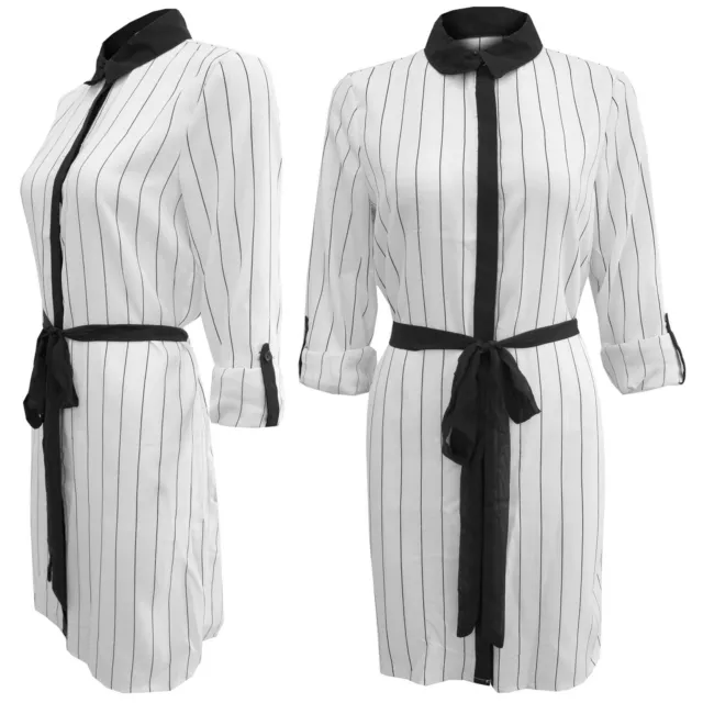 New Ladies Mono Pinstripe Crepe Shirt Dress Womens Long Sleeve Belt Blouse Top