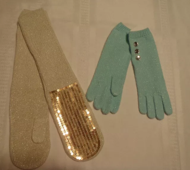 Gymboree Snowflake Glamour Girls One Size Gold Sequin Mittens or SZ 4 Blue Glove