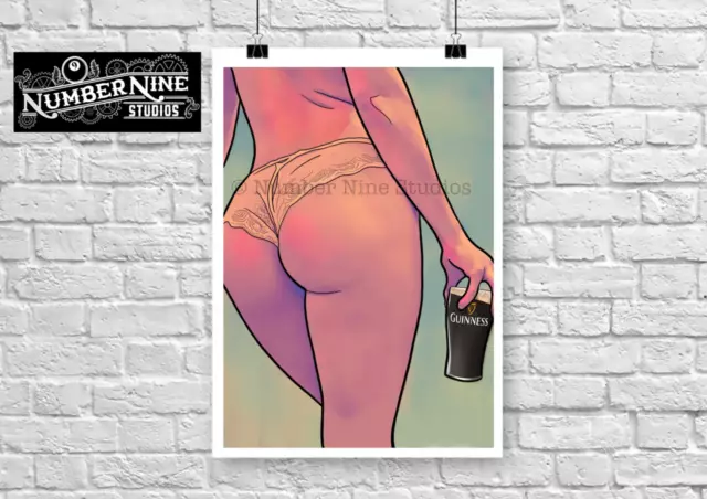 Pinup Model Drinking Artwork Illustration Print, signed by artist.Limited, rare.