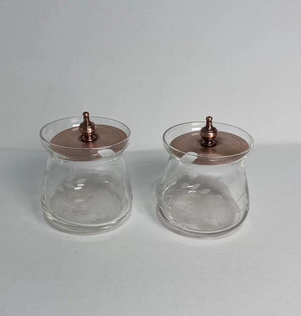 2 ct VTG Condiment Mustard Jelly Jam Jars 3” Containers with Brass Lids Etched