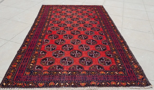 Distressed Hand Knotted Vintage Afghan Zakani Balouch Wool Area Rug 4.4 x 2.11