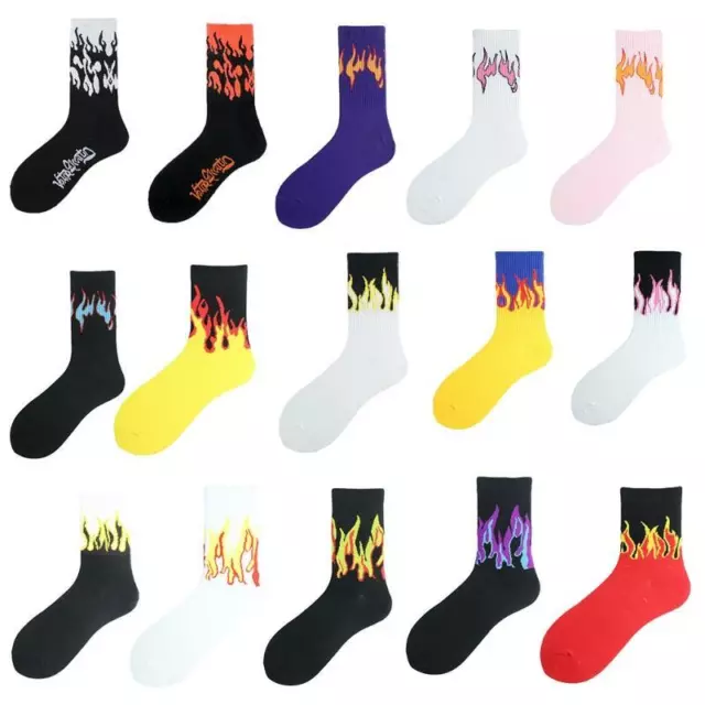 Harajuku Unisex Flame Print Crew Socks Hip Hop Contrast Color Skateboard Hosiery