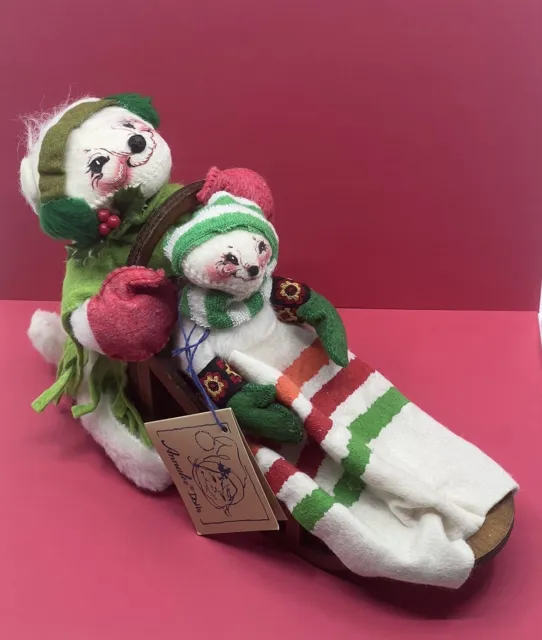 Vintage 1991 Annalee Doll 8057 Christmas Mice on Sled Posable Made In USA