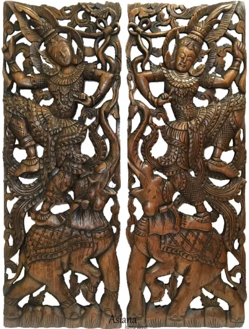Traditional Thai Dancing Figure on Elephant. Large Carved Wood Panels. Brown