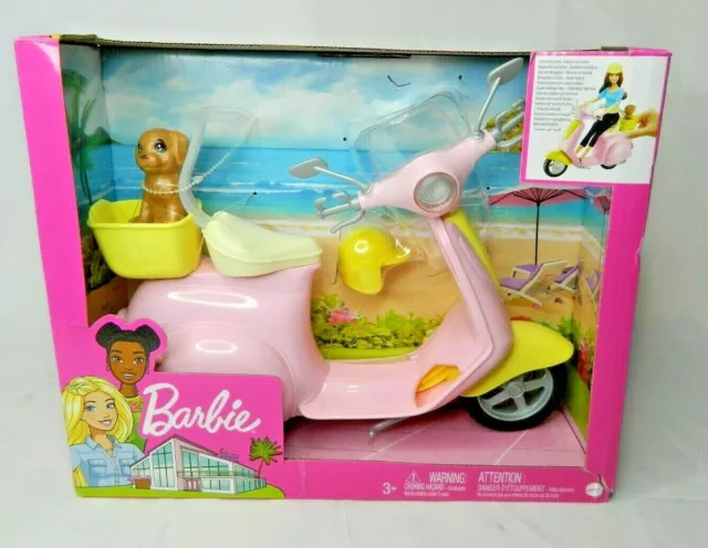 BARBIE PINK MOPED Scooter Rolling w/ Puppy Friend Yellow Helmet Silver  Accents $32.82 - PicClick AU