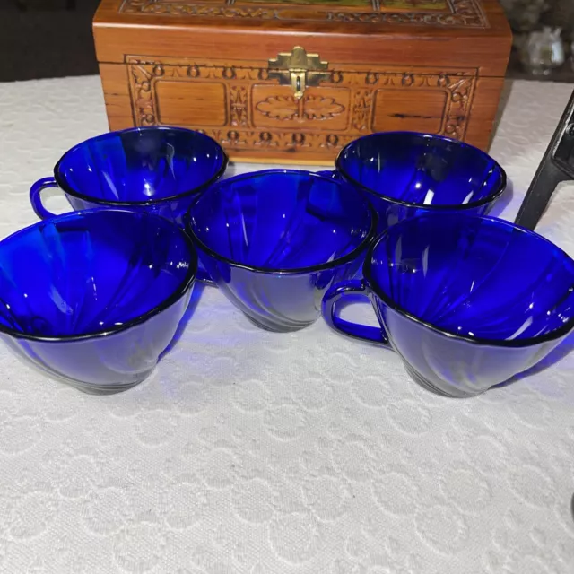 5 Vintage VERECO MADE IN FRANCE COBALT BLUE SWiRL Glass Teacups