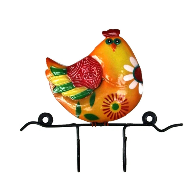 2 x Fair Trade Handmade Hen / Chicken Metal Double Wall Hooks