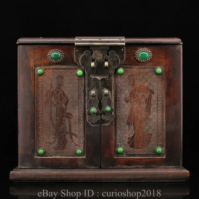 12 " China Wood inlay Gem Dynasty Beauty Flower Pattern Jewelry Storage Box
