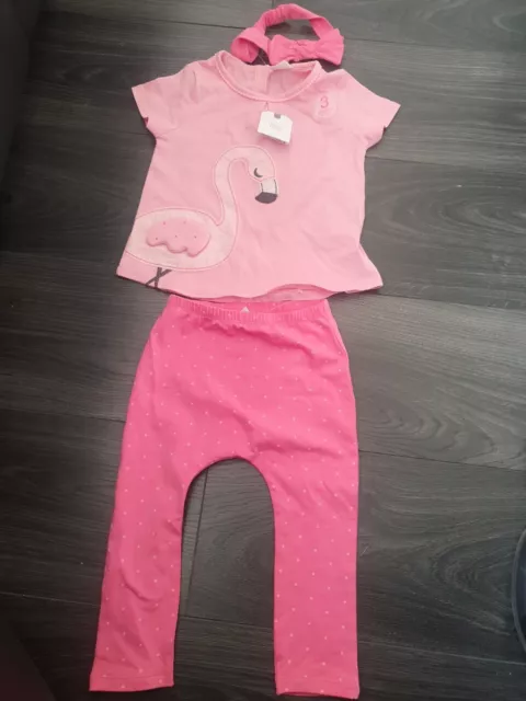 BNWT NEXT Baby Girls 3 piece Pink Flamingo Outfit Set T-Shirt Leggings Headband