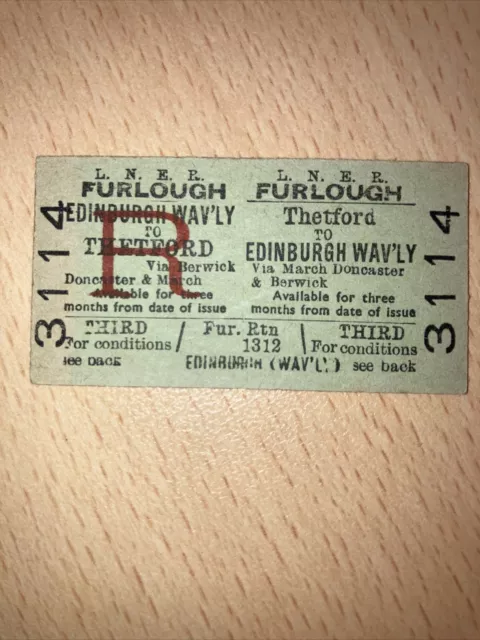 LNER.   Railway. ticket.  (.  Thetford. to. Edinburgh. wavly.   )