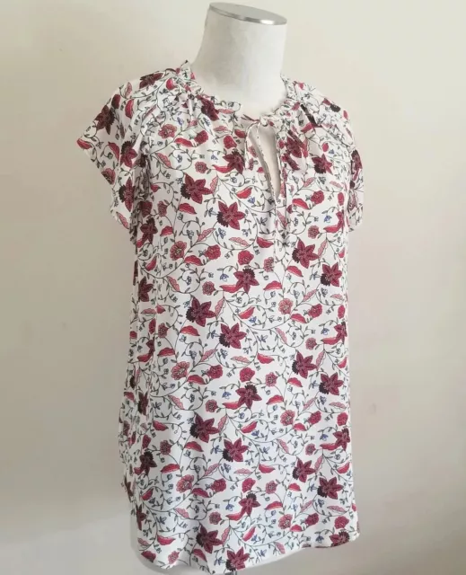 Ann Taylor LOFT Tie Neck Flutter Sleeve Blouse Red Floral Size M