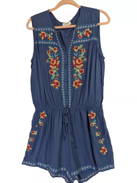 Umgee USA Womens size L Romper Jumpsuit Blue Floral Embroidered Shorts Boho