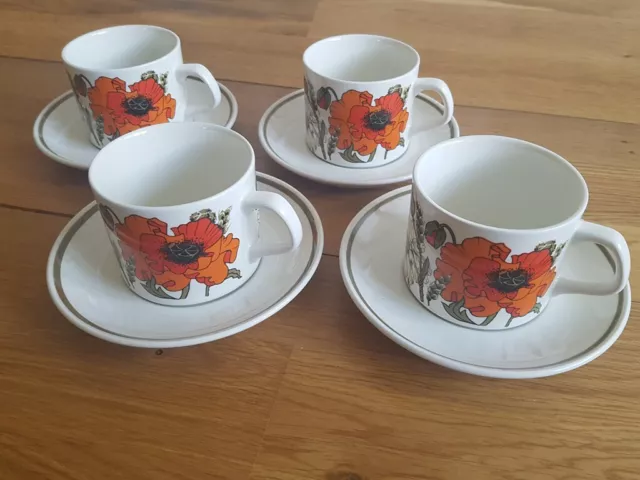 Vintage J G Meakin Studio Poppy Pattern 4X Coffee Cups & Saucers