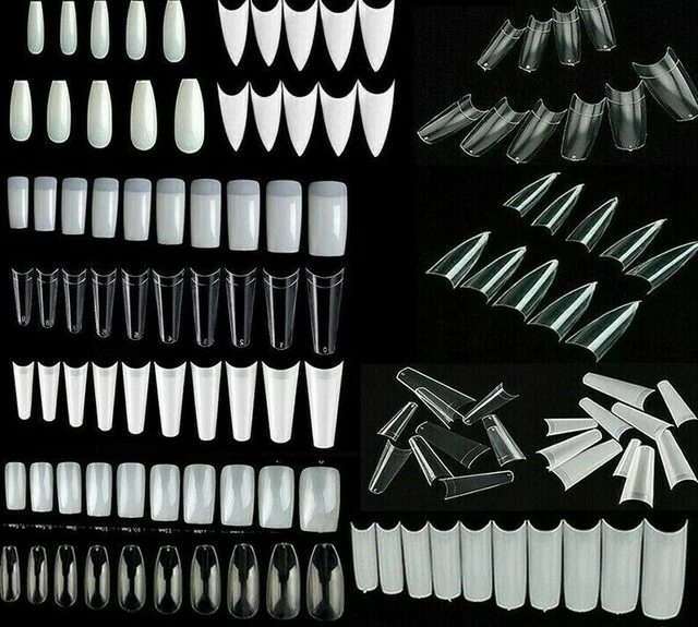100X French Acrylic False Nail Tips Stiletto Almond Coffin Natural Clear UK .