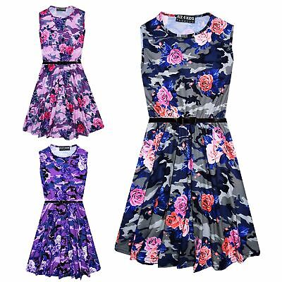 Girls Skater Dress Kids Camo Floral Print Summer Party Dresses Age 7-13 Years