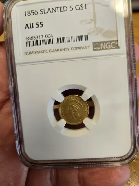 1856 Slanted 5 US $1 One Dollar Princess Head GOLD Coin NGC AU58