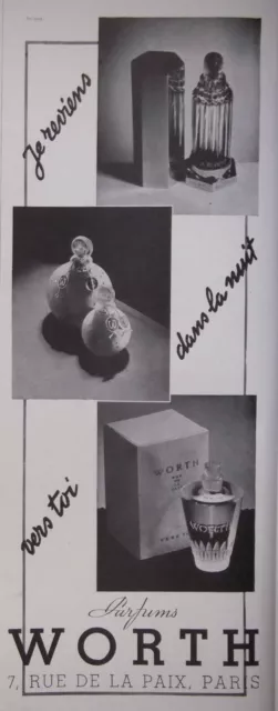 Publicité De Presse 1934 Parfums Worth Je Reviens Dans La Nuit - Advertising