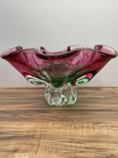 Murano Sommerso Pink Green Bowl Art Glass 6” x 10” Ruffled Top VTG