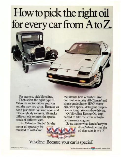 1985 Valvoline Print Ad, Pick Right Racing Oil Ford Model A Nissan 300ZX Cars