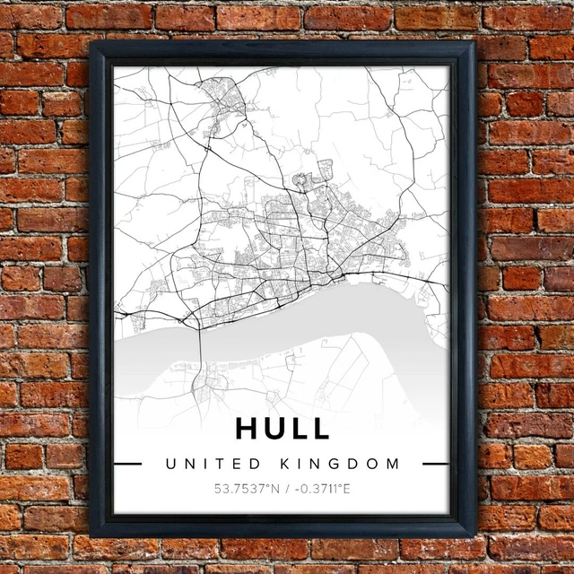 MAP OF HULL Poster Black & White Map Novelty Gift Framed Art City Print