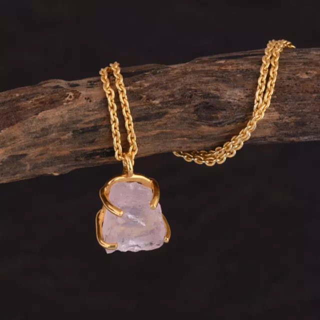 Raw Rose Quartz 18k Gold Plated Necklace 925 Sterling Silver Pendant Jewelry