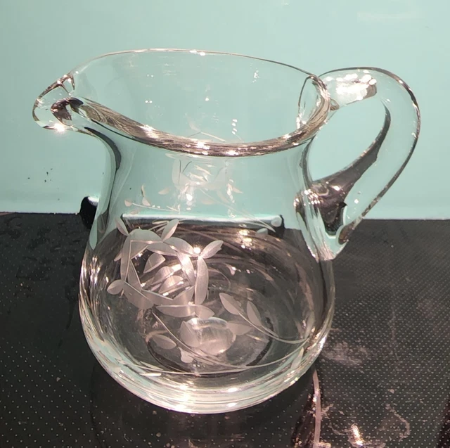Vintage Small Clear Glass Creamer Syrup Pitcher, Etched, Floral, 4" EUC