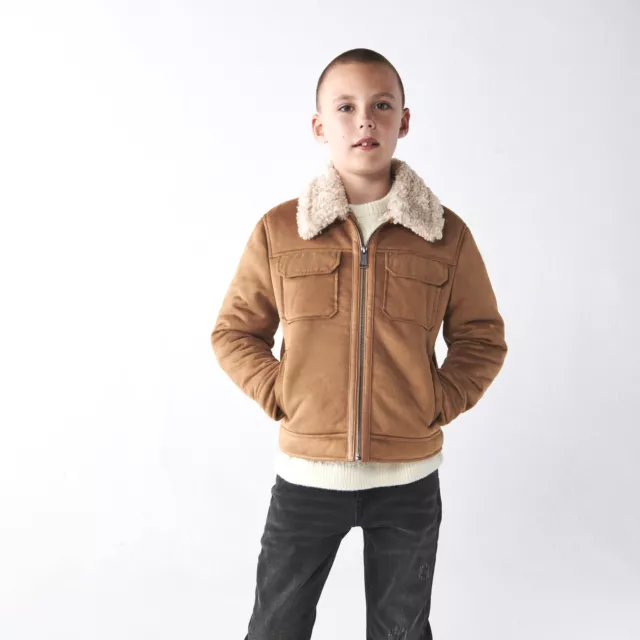 River Island Kids Boys Shearling Jacket Brown Suedette Borg Collar Outerwear Top