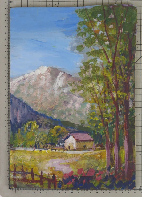 20x29 CM Viejo Cuadro Angular Óleo En Mesa Paisaje Montaña Piedemonte X13