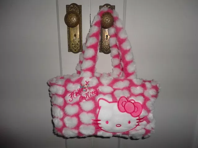 Hello Kitty Logo Faux Fur Fluffy Hearts Handbag Shoulder Purse New