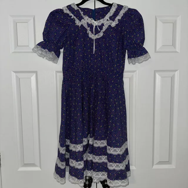 Malco Modes VTG Partners Please Blue Laced Hem Floral Square Dance Dress Sz 8