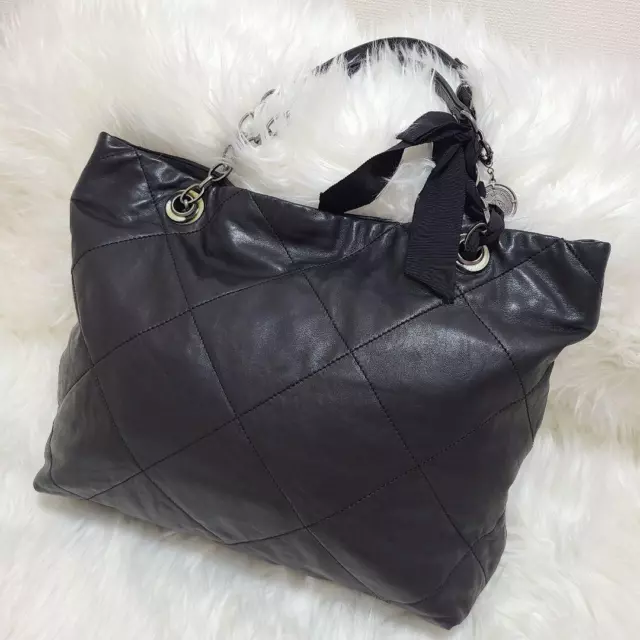 LANVIN Quilted Leather Happy Chain Shoulder Tote Bag Black Present From Japan