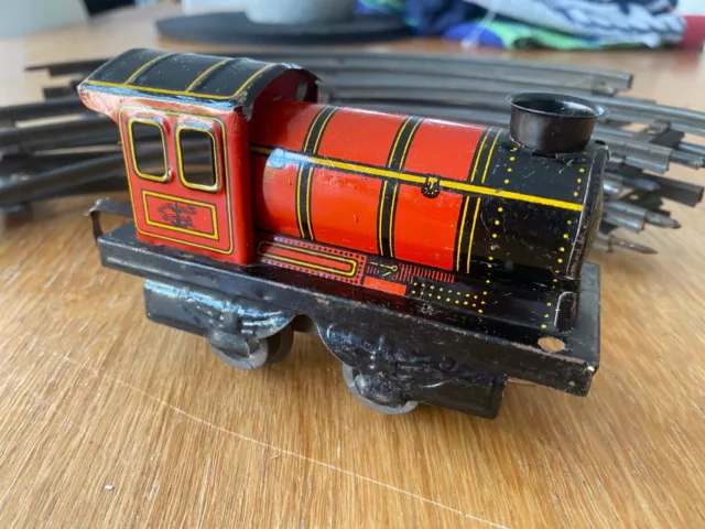 Vintage Wells Brimtoy Tinplate Red Locomotive Clockwork & Track British Made