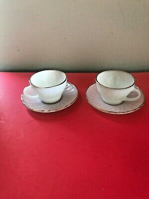 Pair of VTG Fire King Milk Glass Swirl White/Gold  coffee tea cups & saucers