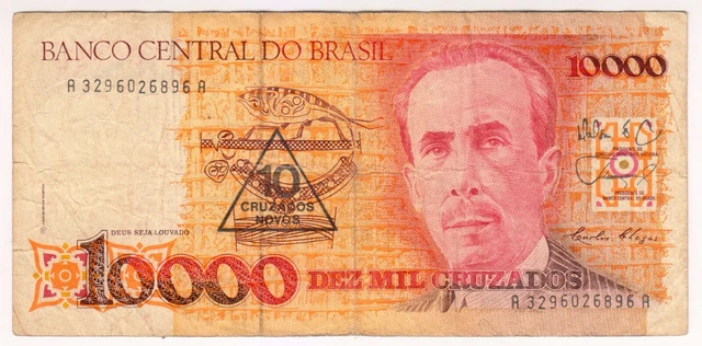 1989 Brasil 10 Cruzados New - Low Start - Paper Money Banknotes