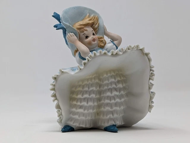 Lefton Bloomer Girl with Bonnet Figurine Japan KW3701 4.5" Tall - Blue