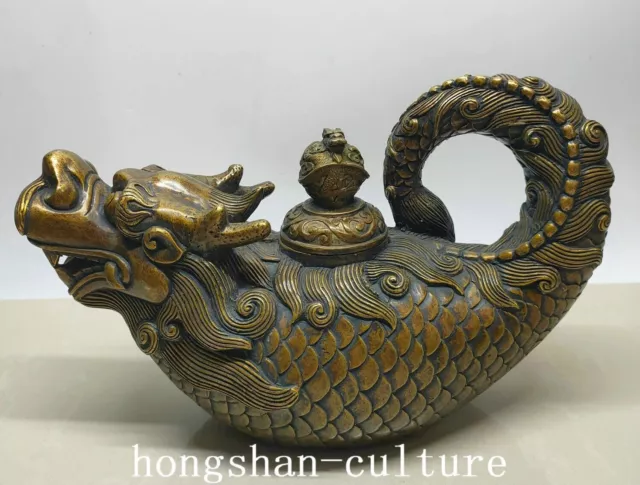 9.7'' Alte Dynastie Bronze Feng Shui Drachen Loong Fisch Wein Tee Topf Flagon