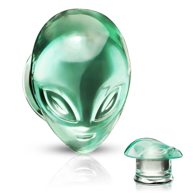 Vetro Plug - 3D Flesh Tunnel Alieno Testa Piercing Double Flared Verde Rimorchio